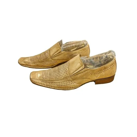 Mens Leather Shoes Size 12 Perforated Square Toe Dress Oxford Slip On Beige - Picture 3 of 10
